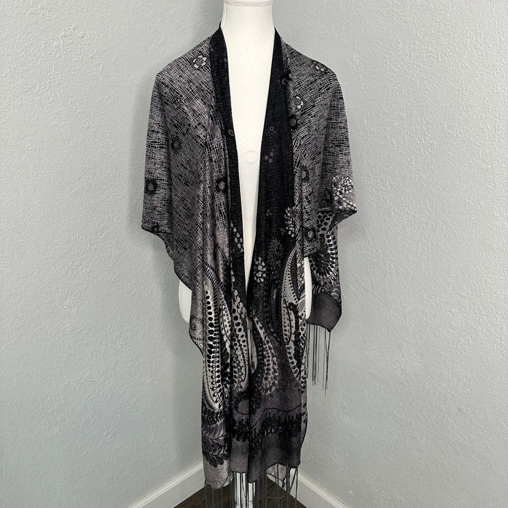Paisley Kimono Cardigan Shawl Black Gray Fringe